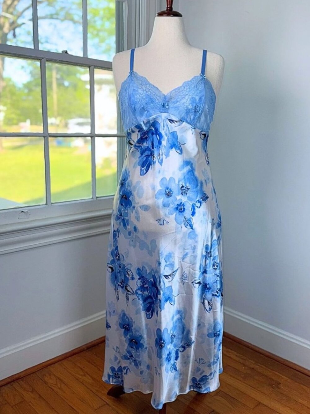 Vintage Blue Floral Satin Maxi Slip Dress Large Lace Bridal Coquette Coastal